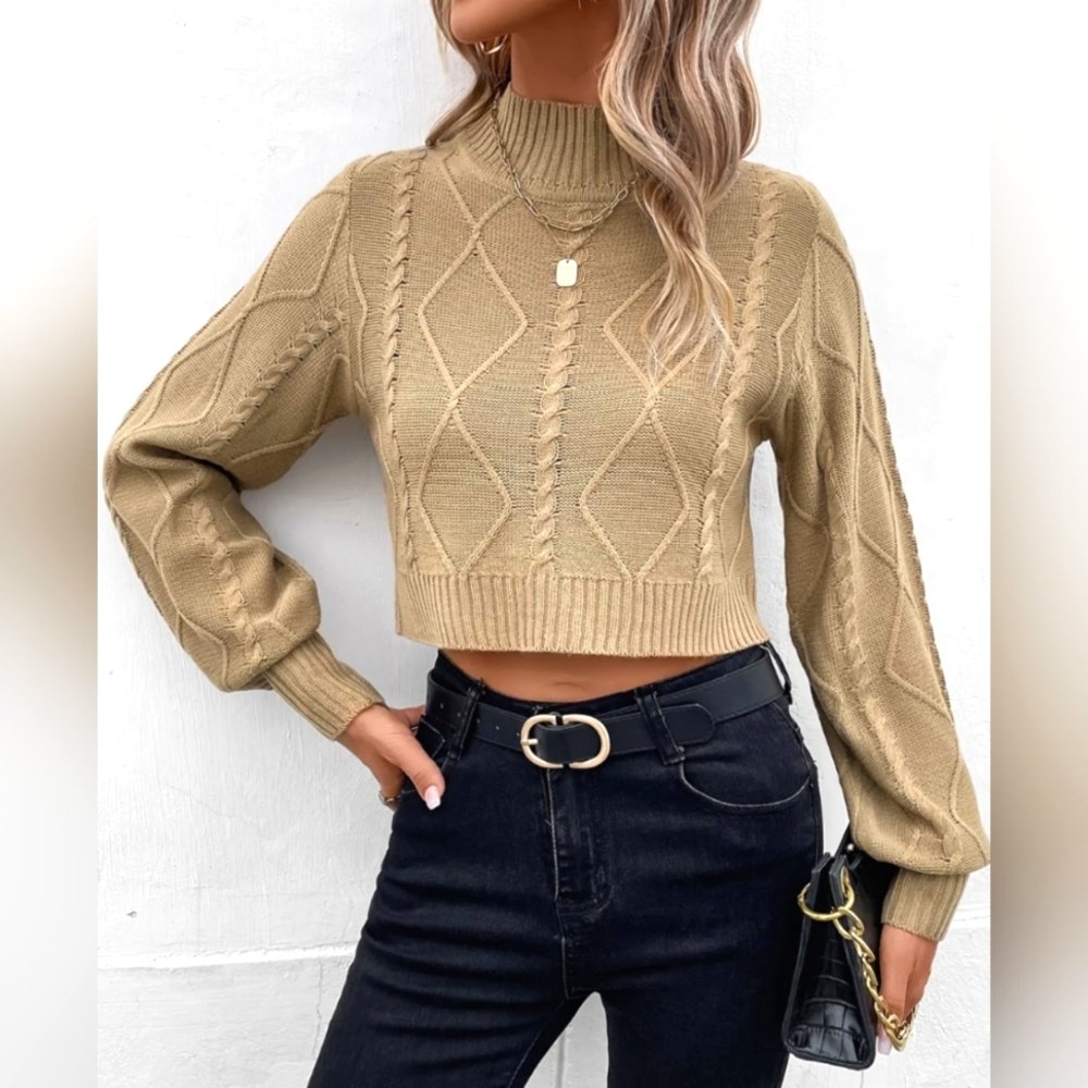 Lantern Sleeve Cable Knit Mock Neck Crop Sweater Khaki